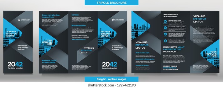 Business Brochure Template in Tri Fold Layout. Corporate Design Leaflet with replacable image.