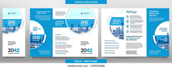 Business Brochure Template in Tri Fold Layout. Corporate Design Leaflet with replacable image.