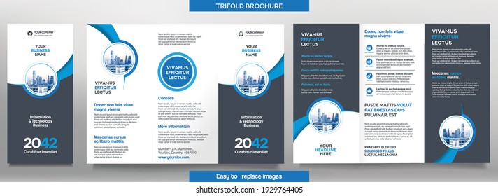 Business Brochure Template in Tri Fold Layout. Corporate Design Leaflet with replacable image.