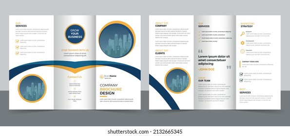 Business Brochure Template in Tri Fold Layout. Corporate Design Leaflet with Replaceable Image Shape.