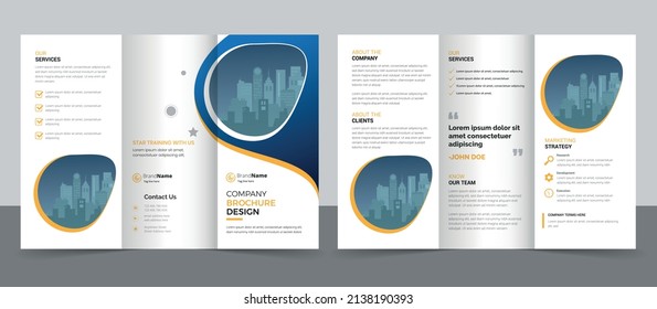 Business Brochure Template in Tri Fold Layout. Corporate Design Leaflet with Replaceable Image Shape.