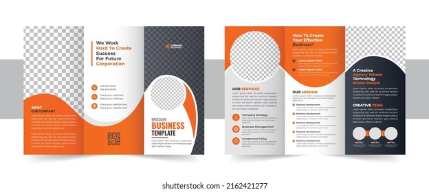 Business Brochure Template in Tri Fold Layout. Corporate Design Leaflet with replacable image. Corporate business trifold brochure template, Creative and Professional tri fold brochure vector design.