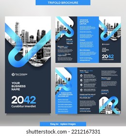 Business Brochure Template in Tri Fold Layout. Corporate Design Leaflet with replacable image.