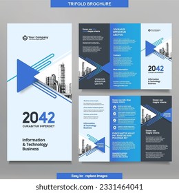 Business Brochure Template in Tri Fold Layout. Corporate Design Leaflet with replacable image.