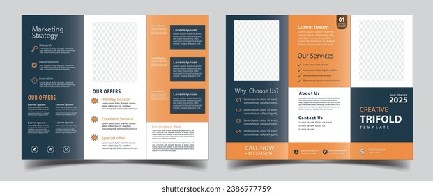 Business Brochure Template in Tri Fold Layout. Corporate Design Leaflet with Replaceable Image Shape. Template triple folding brochure printing and advertising.