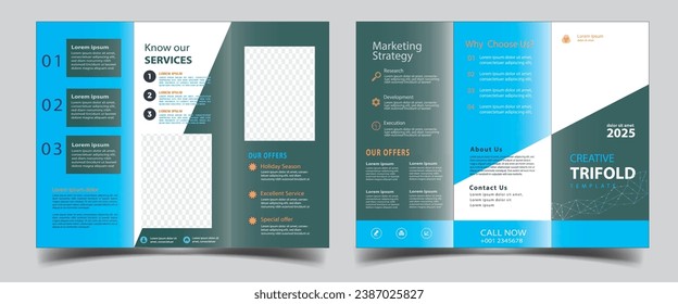 Business Brochure Template in Tri Fold Layout. Corporate Design Leaflet with Replaceable Image Shape. Template triple folding brochure printing and advertising.