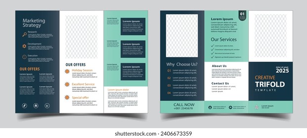 Business Brochure Template in Tri Fold Layout. Corporate Design Leaflet with Replaceable Image Shape. Template triple folding brochure printing and ad