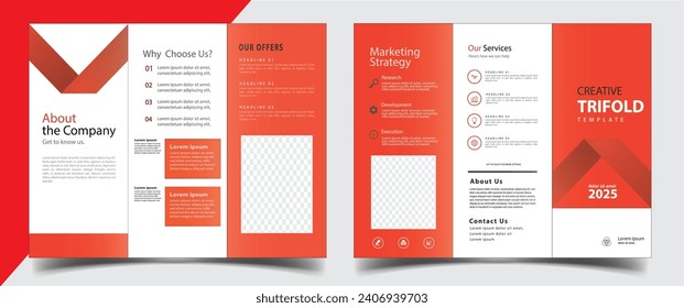 Business Brochure Template in Tri Fold Layout. Corporate Design Leaflet with Replaceable Image Shape. Template triple folding brochure printing