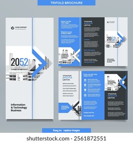 Business Brochure Template in Tri Fold Layout. Corporate Design Leaflet with replaceable image.