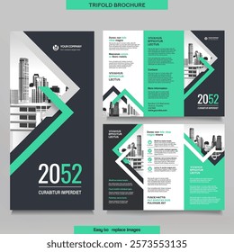 Business Brochure Template in Tri Fold Layout. Corporate Design Leaflet with replaceable image.