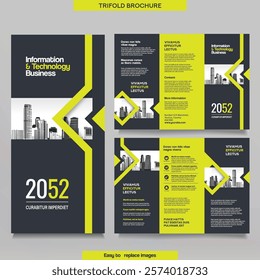 Business Brochure Template in Tri Fold Layout. Corporate Design Leaflet with replaceable image.