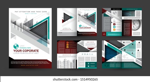 Business brochure template, triangles and squares graphic design a4 scale, green and red color theme, icon with symbol element, vector illustration