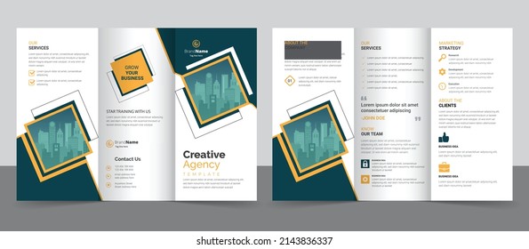 Business Brochure Template In Trifold Layout. Corporate Design Leaflet With Replaceable Image Shape.