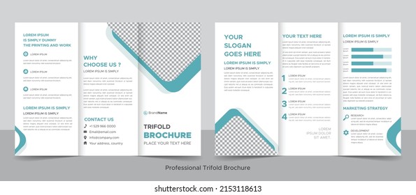 Business Brochure Template In Trifold Layout. Corporate Design Leaflet With Replaceable Image Shape.