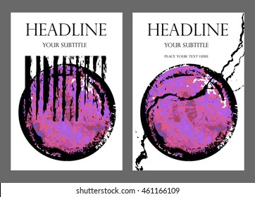 Business brochure template. Vector flyer, A4 size. Set of artistic universal cards. Hand Drawn grunge textures. Design for postcard, invitation, placard. Creative voilet abstract background for cover