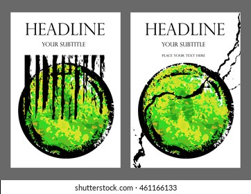 Business brochure template. Vector flyer, A4 size. Set of artistic universal cards. Hand Drawn grunge textures. Design for postcard, invitation, placard. Creative green abstract background for cover