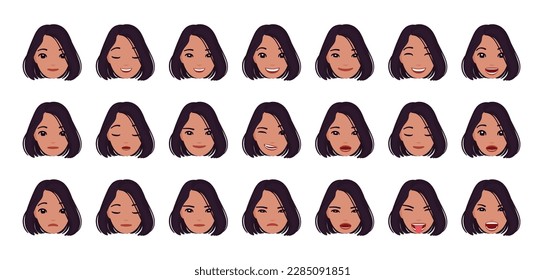 Business brunette woman, attractive lady emotion set, office manager portrait employee bundle. Different face icon, positive, negative pic. Vector flat style cartoon circles isolated, white background