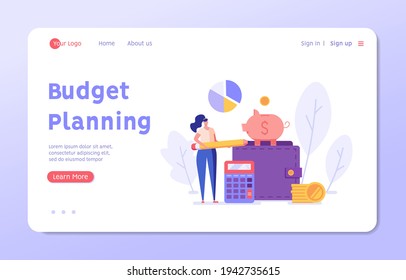 Business budget planning. Financial manager saving money or planning with piggy bank, calculator, coins. Concept of financial planning, audit, money advisor. Vector illustration in flat cartoon design