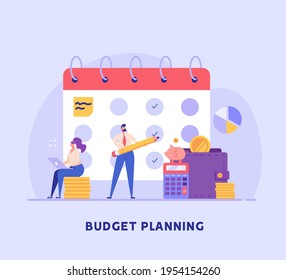 Business budget planning. Financial manager saving money or planning with piggy bank, calculator, coins. Concept of financial planning, audit, money advisor. Vector illustration in flat cartoon design