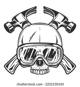 Business builder crossed hammers from new construction and remodeling house with half skull and safety glasses in monochrome vintage style illustration