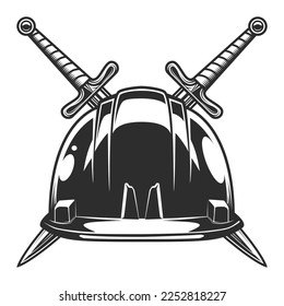 Business builder hard hat with crossed sword from new construction and remodeling house in vintage monochrome style illustration