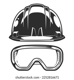Business builder hard hat with safety glasses from new construction and remodeling house in vintage monohrome style illustration