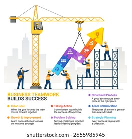 Business building arrow with construction crane infographic diagram template vector illustration.
