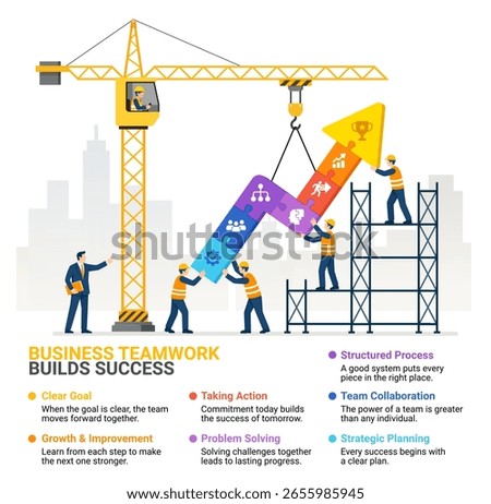 Business building arrow with construction crane infographic diagram template vector illustration.
