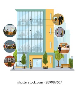 Business Building Facade. Office Building Exterior With An Illustration Of Workers. Vector Illustration In A Flat Style.