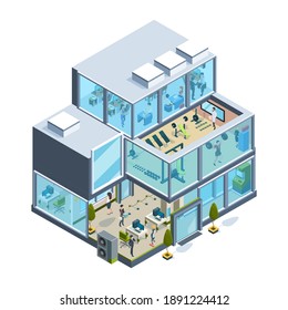Business building isometric. Glass facade offices inside modern architecture elevators garish vector house