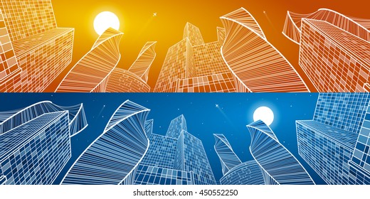 Business building, mega panorama of day and night city. Urban scene, infrastructure illustration, modern architecture, skyscrapers, airplanes flying, vector design art
