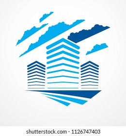 Business building, modern architecture vector illustration. Real estate realty office center design. 3D futuristic facade in big city. Can be used as a logo or icon.