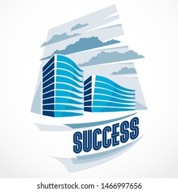 Business building, modern architecture vector illustration. Real estate realty office center design. 3D futuristic facade in big city. Can be used as a logo or icon.