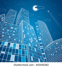 Business building, neon city, infrastructure illustration, modern architecture, skyscrapers, airplane flying, vector design art