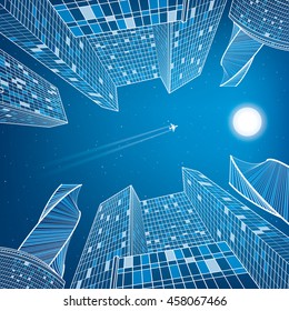 Business building, night city, urban scene, infrastructure illustration, modern architecture, skyscrapers, airplane flying, vector design art