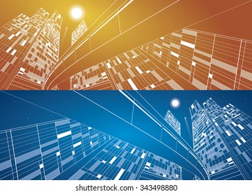 Business building, overpass, night city, airplane flying, vector design panorama