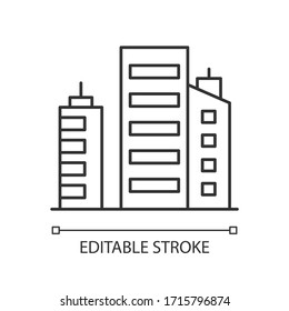 Business building pixel perfect linear icon. Multistorey apartment houses. Corporate offices. Thin line customizable illustration. Contour symbol. Vector isolated outline drawing. Editable stroke