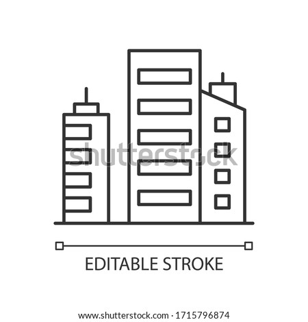 Business building pixel perfect linear icon. Multistorey apartment houses. Corporate offices. Thin line customizable illustration. Contour symbol. Vector isolated outline drawing. Editable stroke