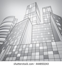 Business building, silver city, infrastructure illustration, modern architecture, airplane flying, vector design art