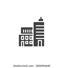 Icono vector de construcción de negocios. Cityscape rellena el signo plano para el concepto móvil y el diseño web. Icono de glifo de arquitectura de Office. Símbolo, ilustración del logotipo. Gráficos vectoriales