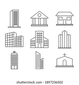 Business Buildings And City Buildings Icon Set Over White Background, Line Style, Vector Illustration