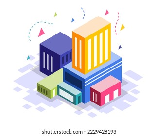 business buildings with computer and infographic vector design 
business isometric design vector