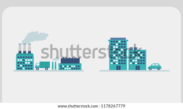 Business buildings,\
factories and cars