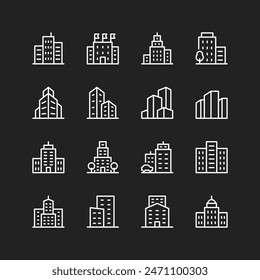 Business buildings icon set, white lines on black background. Multistory buildings, companies, business centers. Customizable line thickness.