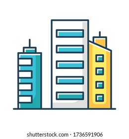 Business buildings RGB color icon. High rise metropolis. Multistorey apartment houses. Downtown district constructions. Corporate offices in skyscrapers. Isolated vector illustration