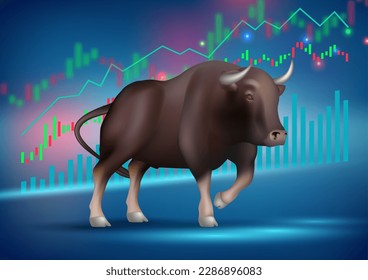 Business bull. Investment background with aggressive bull and graphs decent vector illustration realistic