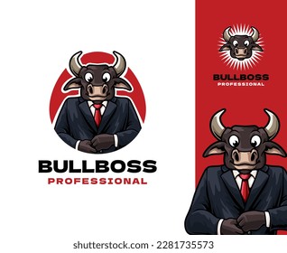 Business Bull Mascot Logo Design. Professional and friendly Bull mascot wearing a suit, representing the ideal employee for corporate branding and marketing