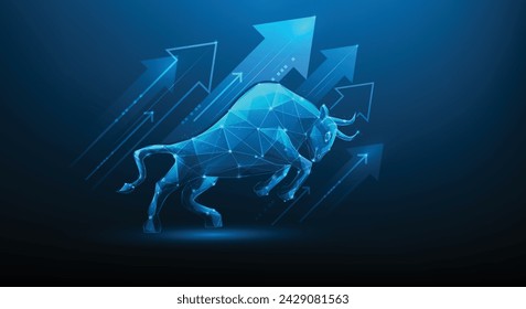 Business Bullish Market Finanzgraphentechnologie auf blauem Hintergrund. Wachstum der Investitionen im Bullenmarkt. Vektor-Illustration Digitales fantastisches Hightech-Design.