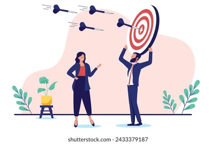 Business bullseye - Businesspeople with dartboard hitting accurate bullseye perfectly. Success and achievement in career and work concept in flat design vector illustration with white background