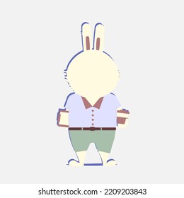 Business bunny in clothes flat design. Cartoon vector illustration of a little rabbit wearing suit and holding a coffee and a folder isolated on a grey background.